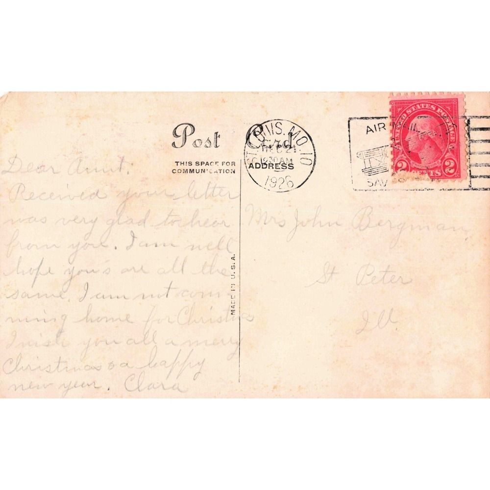 Vintage 1926 Merry Christmas Postcard St Louis MO Holly Gate 2c Washington Stamp - Picture 2 of 2